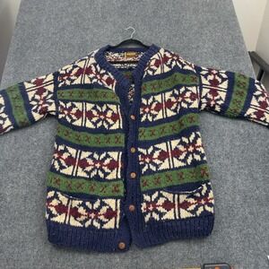 Vintage Ishka Cardigan Mens XL Blue Wool Nordic Fair Isle Hand Knit Boho Style